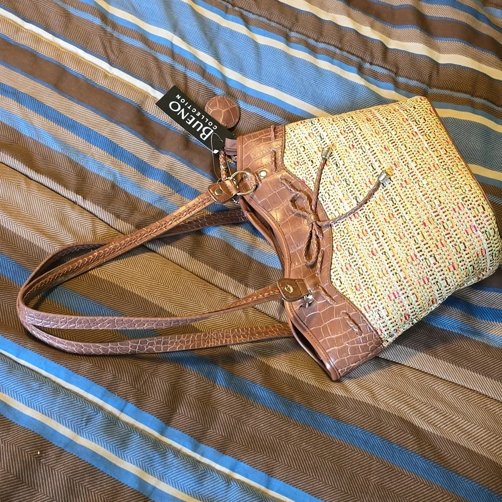 Bueno Brown Woven Tote with Croc Trim